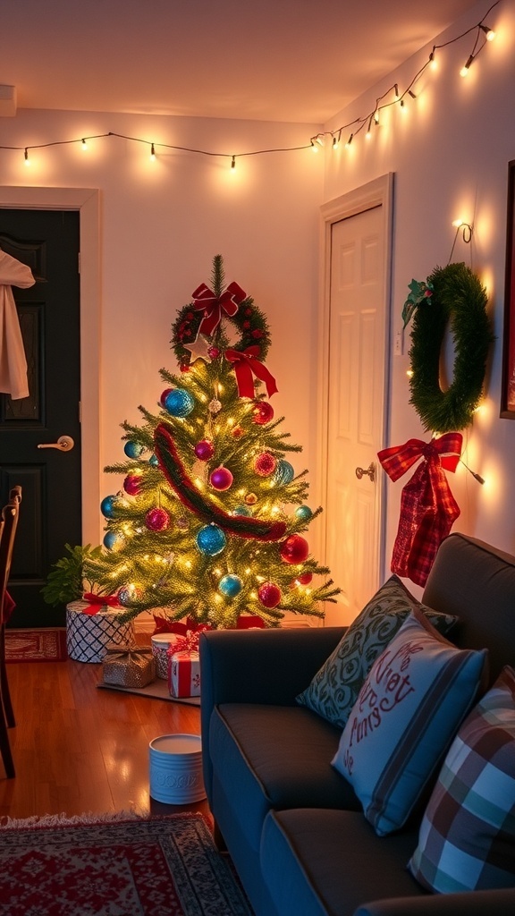 Small apartment decorated for Christmas with a mini tree, string lights, and festive accents.